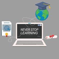 laptop with never stop learning writing with earth and toga decorations vector