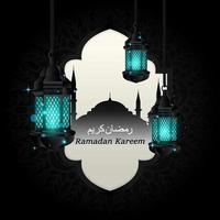 ramadán con decoraciones de lámparas azules de tres colores y un fondo oscuro vector