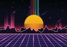 retro with neon and mountain and sunset decoration vector
