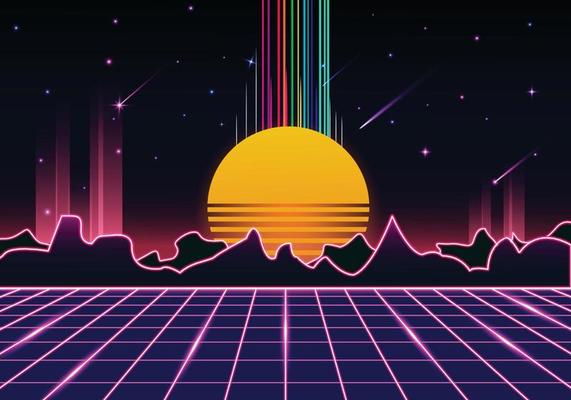 retro with neon and mountain and sunset decoration