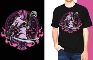 Warrior pinup in sexy leather bikini holding sword and skull of one of her many victims T Shirt.Can be used for t-shirt print, mug print, pillows, fashion print design, kids wear, baby shower, vector