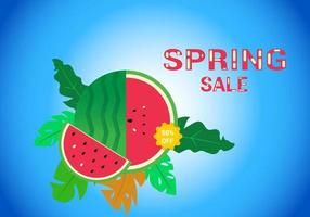 spring sale with watermelon and leaf decoration and blue background vector