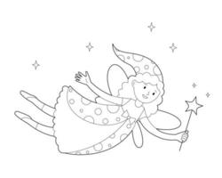 Fairy tale fairy with magic wand in her hand. Coloring book for children.