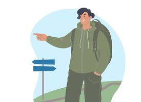 Happy male traveler or tourist point with finger direction or way in expedition vector