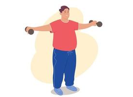 Young overweight man doing exercises with dumbbells. Concept of healthy lifestyle and sports for weight loss vector