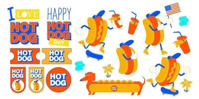 Collection of design elements cartoon hot dogs and stickers. Vector illustration.