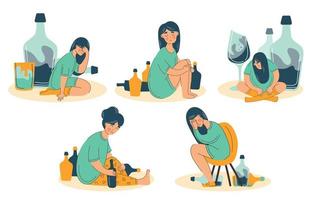 Bundle Alcohol abuse and depression problem of female. Woman alcoholism social problem. vector