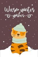 Cute vector tiger. Winter greating card with slogan. Warm winter wishes. Falling snow. Symbol of year. Poster with lettering.