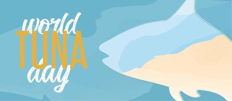 ilustración vectorial día mundial del atún 2 de mayo. fondo, pancarta, tarjeta, póster con letras de texto. silueta de pescado. en colores azul marino. vector