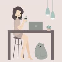 Stay home concept. Day routine. Girl working at home, with cat. Cozy modern scandinavian interior. Self isolation, quarantine. Coronavirus. vector