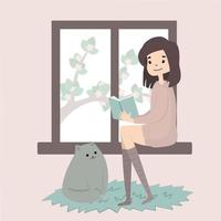 Stay home concept. Day routine. Girl reading book with cat.  Cozy modern scandinavian interior. Self isolation, quarantine. Coronavirus. vector