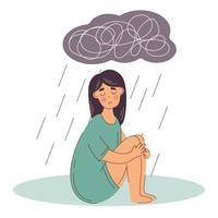 Woman suffers from depression mental health diseases. Sitting under rain cloud with heavy thoughts. Sad and unhappy. Bipolar disorder. vector