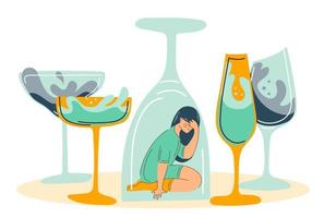 Alcohol abuse and depression problem of female. Woman alcoholism social problem. vector