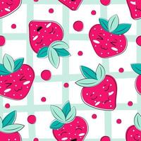 Strawberry seamless pattern with bright summer berries cartoon characterr. Pink and mint colors. vector