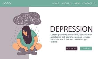 plantilla web mujer sufre de depresión enfermedades de salud mental. sentado bajo la nube de lluvia con pensamientos pesados. triste e infeliz. trastorno bipolar. vector