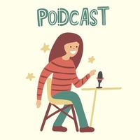 locutor femenino en el lugar de trabajo vector aislado de carácter plano. locutor de radio con mesa. concepto de podcast. alojamiento de medios.