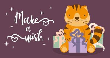 Cute vector tiger with gift boxes. Winter greating card with slogan. Make a wish. With star lights. Symbol of year. Poster with lettering.