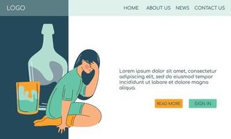 web template Alcohol abuse and depression problem of female. Woman alcoholism social problem. vector