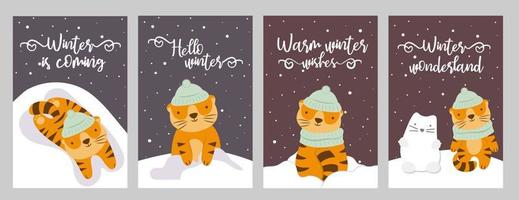Set winter holiday greeting cards. Postcards with cartoon tigers and lettering. Vector design ready for print.