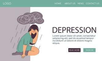 plantilla web mujer sufre de depresión enfermedades de salud mental. sentado bajo la nube de lluvia con pensamientos pesados. triste e infeliz. trastorno bipolar. vector