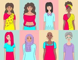 Movement against discrimination inequality, stereotypesgroup of women of different ethnic group muslim, Indian, African, informal. Break the bias. Allyship woman feminism. International woman day. vector