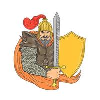 Old knight with sword and shield drawing vector