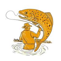 Fly Fisherman Reeling Trout Drawing vector