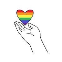 Arm holding the heart coloured in LGBT pride colours on the white background. Concept of the International Day Against Homophobia concept, sexual equality, feminism, social safety. vector