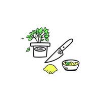 Graphic illustration of cooking sauce. Cutting a lemon with a knife. Kitchen utensils in doodle style. vector