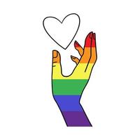 Arm holding the heart coloured in LGBT pride colours on the white background. Concept of the International Day Against Homophobia concept, sexual equality, feminism, social safety. vector