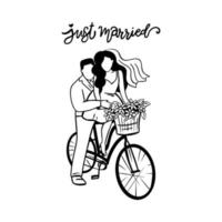 Just married bicycle vector outline illustration. Great design for any purposes. Happy family banner design.