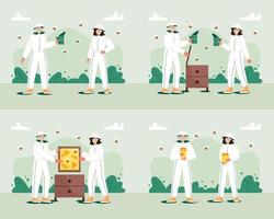 Set of concepts of beekeeping farm. Man and woman in hat and protective uniform use bee smoke, extracting honey and put to a jar. vector