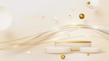 Product display podium with golden curve line element and ball decoration and glitter light effect. vector