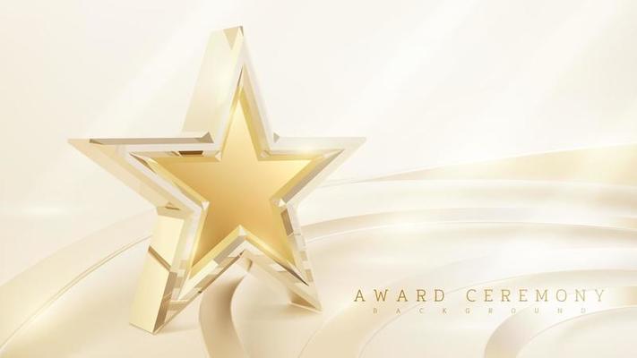 Award ceremony background with 3d gold star and ribbon element and glitter light effect decoration.