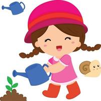 A happy girl watering her plants vector