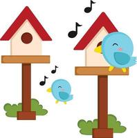 Happy singing bird in front of its bird house vector