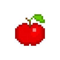 Red pixel apple. Sweet fruit with green leaves. Game and animated 8bit item with bright colors and vector gradient