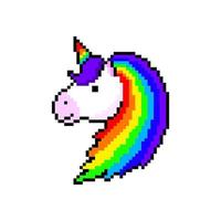 Pixel unicorn with rainbow mane and horn. Mythical good character with purple bangs and colored luxurious wool. Cute magical character of fairy tales with 8bit vector game