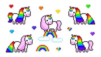 Pixel unicorns with rainbow manes. Colorful fantasy creatures with pink and colored tails standing on rainbow surrounded by hearts. Cute magical character of fairy tales with 8bit vector game