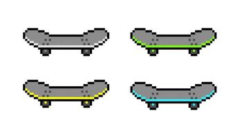 Pixel skateboards. Sports skateboard for fun and extreme sports. Active skateboarding in city and in nature with 8bit resolution for vector game