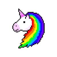 Pixel unicorn. Mythical good character with pink horn and colored luxurious wool. Cute magical character of fairy tales with 8bit vector game