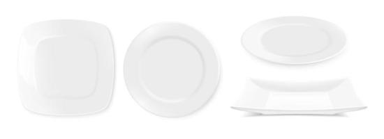 placas realistas. maqueta de platos y cuencos 3d vacíos blancos, vajilla redonda de cerámica para comedor de cocina para comida. ilustración vectorial vajilla en blanco aislada sobre fondo transparente