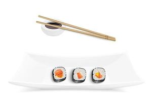 Vector realistic sushi set. The plate is rectangular with sushi, bamboo sticks and sauce. Design design of the restaurant