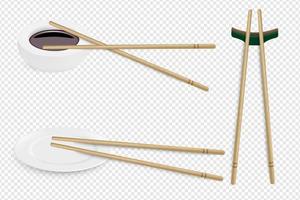 Vector realistic set of sushi items with bamboo sticks. Illustration of sushi table serving on a transparent background