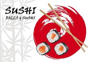 Vector realistic image of sushi with bamboo sticks on the background of bamboo and red circle brushstroke. Restaurant sushi menu background. Sushi advertisement