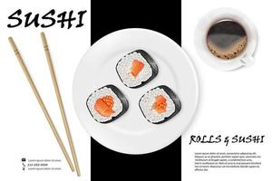 Vector realistic image of sushi on a white plate with bamboo sticks and a cup of coffee. Restaurant sushi menu background. Sushi advertisement