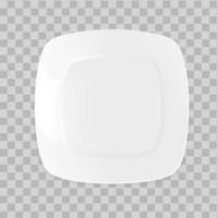 Vector 3d realistic white quadrangular porcelain plate close up on a white isolated background. Design template for layout. Stock vector illustration. Front, top, side view