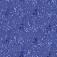 Seamless pattern with blue, white and black letters of the English alphabet on dark blue background for fabric, textile, clothes, blanket and other things. Vector image.