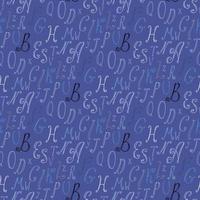 Seamless pattern with blue, white and black letters of the English alphabet on dark blue background for fabric, textile, clothes, blanket and other things. Vector image.