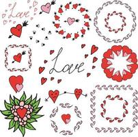 Set of different vector images with hearts. Round frames, square frames and different elements on the theme of love on white background.